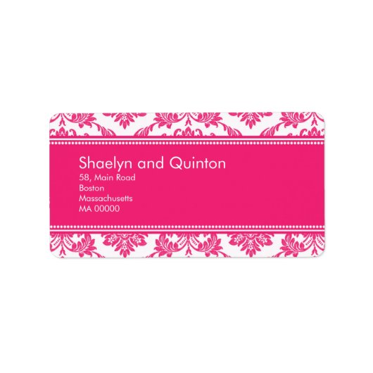 Hot Pink Damask Hochzeitadressen-Labels Adressaufkleber (Vorne)
