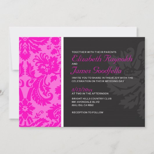 Hot Pink Damask Hochzeitsempfang Einladung (Vorderseite)