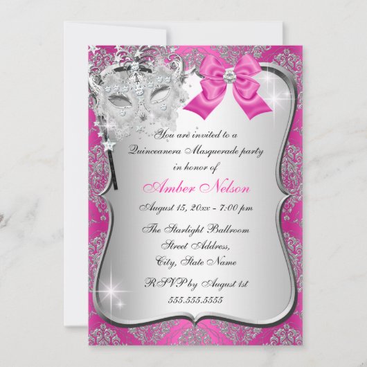 Hot Pink Damask Maskerade Einladen Einladung (Vorderseite)