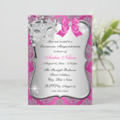 Hot Pink Damask Maskerade Einladen Einladung (Stehend Vorderseite)