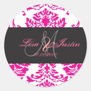 Hot Pink Damask, Monogramm-Aufkleber Runder Aufkleber