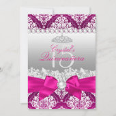 Hot Pink Damask & Pearl Bow Quinceanera Einladung (Vorderseite)