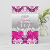 Hot Pink Damask & Pearl Bow Quinceanera Einladung (Stehend Vorderseite)