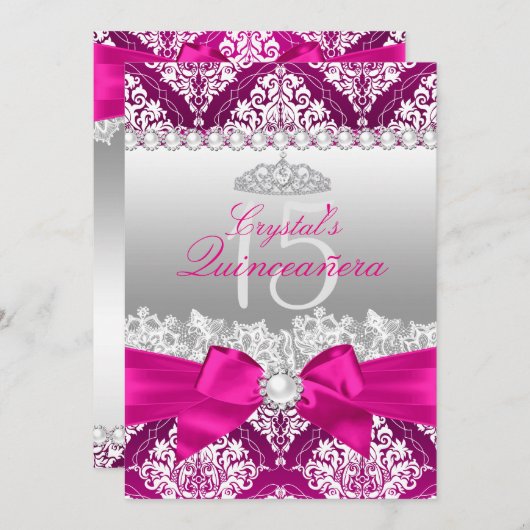 Hot Pink Damask & Pearl Bow Quinceanera Einladung (Vorne/Hinten)