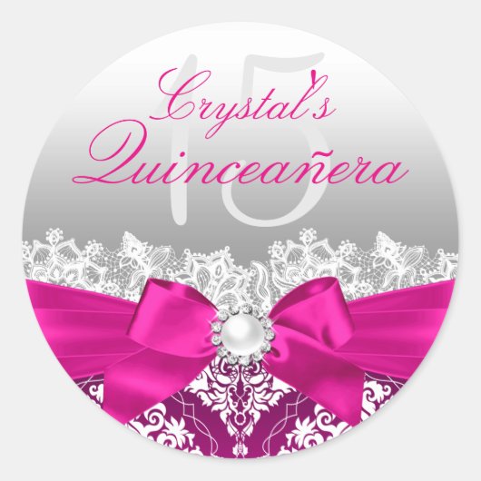 Hot Pink Damask & Pearl Bow Quinceanera Sticker (Vorderseite)