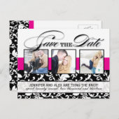 Hot Pink Damask Save the Date Ankündigungspostkarte (Vorne/Hinten)