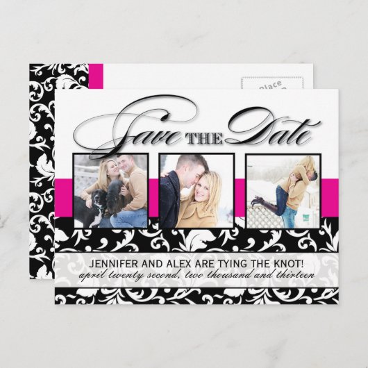 Hot Pink Damask Save the Date Ankündigungspostkarte (Vorne/Hinten)