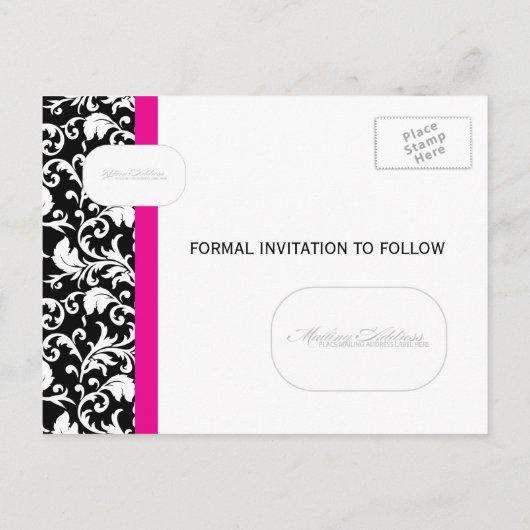 Hot Pink Damask Save the Date Ankündigungspostkarte (Rückseite)