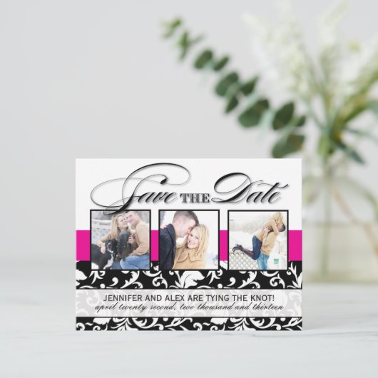 Hot Pink Damask Save the Date Ankündigungspostkarte (Stehend Vorderseite)