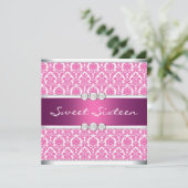 Hot Pink Damask Sweet 16 Party Einladung (Stehend Vorderseite)