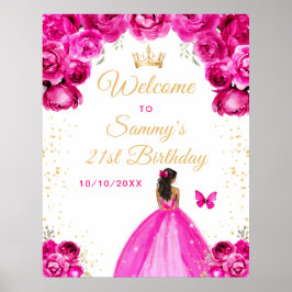 Hot Pink Dark Skin Princess Geburtstag Willkommen Poster