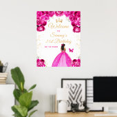Hot Pink Dark Skin Princess Geburtstag Willkommen Poster (Heimbüro)