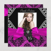 Hot Pink Diamond Bow & Black Damask Foto Sweet 16 Einladung (Vorne/Hinten)