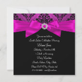 Hot Pink Diamond Bow & Black Damask Foto Sweet 16 Einladung (Rückseite)