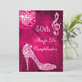 Hot Pink Disco Ball Sparkle Heels 50th Birthday Einladung (Stehend Vorderseite)