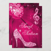 Hot Pink Disco Ball und Sparkle Heelse Sweet 16 Einladung (Vorne/Hinten)