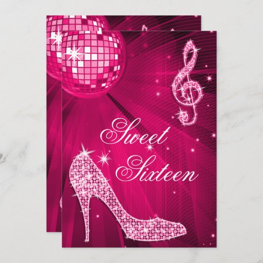 Hot Pink Disco Ball und Sparkle Heelse Sweet 16 Einladung (Vorne/Hinten)