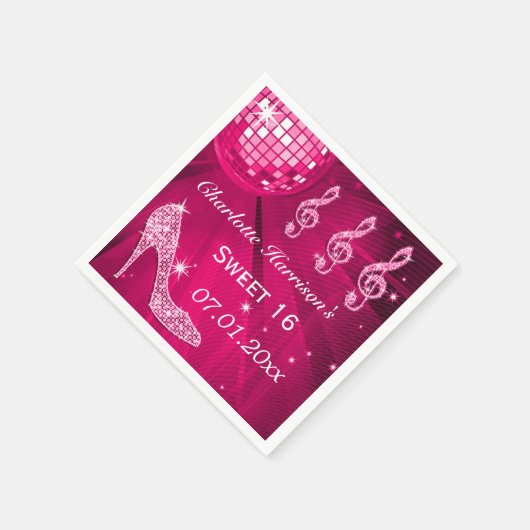 Hot Pink Disco Ball und Sparkle Heelse Sweet 16 Serviette (Ecke)