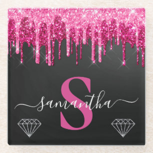 Hot-Pink-Drilling-Glitzer auf Schwarz-Monogramm Glasuntersetzer