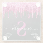 Hot-Pink-Drilling-Glitzer auf Schwarz-Monogramm Glasuntersetzer (Rückseite)