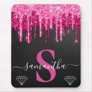 Hot-Pink-Drilling-Glitzer auf Schwarz-Monogramm Mousepad