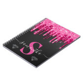 Hot-Pink-Drilling-Glitzer auf Schwarz-Monogramm Notizblock (Linke Seite)