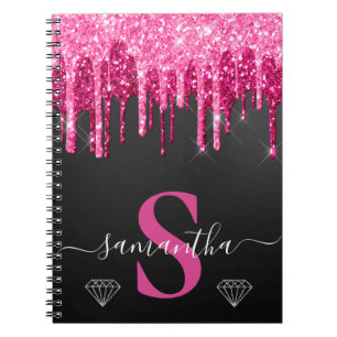 Hot-Pink-Drilling-Glitzer auf Schwarz-Monogramm Notizblock