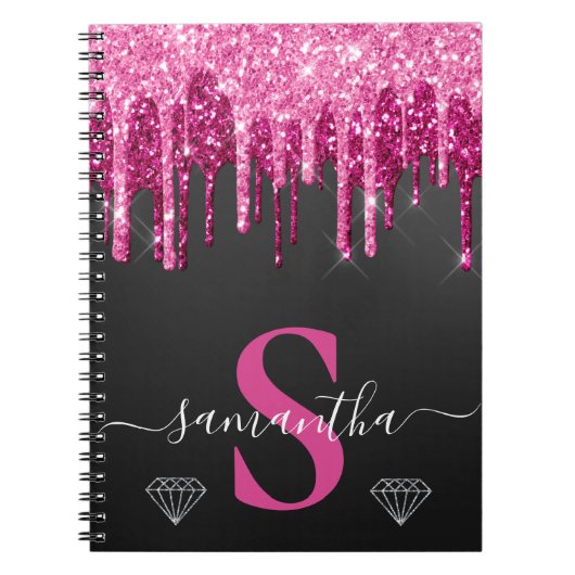 Hot-Pink-Drilling-Glitzer auf Schwarz-Monogramm Notizblock (Vorderseite)