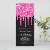 Hot Pink Dripping Glitzer Black 50. Geburtstag Einladung (Stehend Vorderseite)