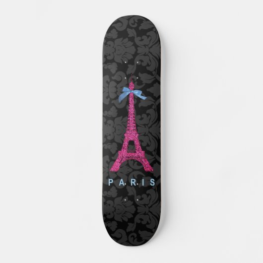 Hot Pink Eiffelturm in Imitate Glitzer Skateboard (Vorderseite)