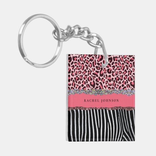 Hot Pink Einzigartiger Glitzer Leopard Print Luxus Schlüsselanhänger (Vorderseite links)