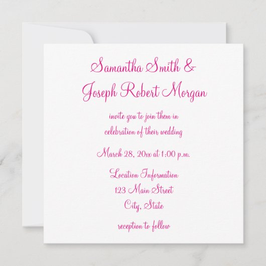 Hot Pink Elegant Calligraphy Solid White Wedding Einladung (Vorderseite)
