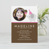 Hot Pink Elephant und Cupcake Foto Geburtstag Einladung (Stehend Vorderseite)