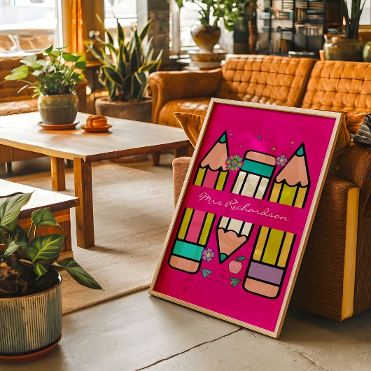 Hot Pink farbenfroh Lehrerin Cartoon Bleistift-Pos Poster