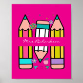 Hot Pink farbenfroh Lehrerin Cartoon Bleistift-Pos Poster (Vorne)