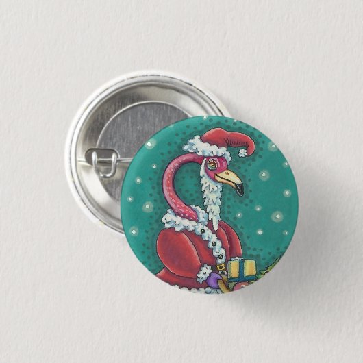 HOT PINK FLAMINGO SANTA, CHRISTMAS FERIENBUTTON BUTTON (Vorne & Hinten)