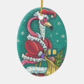 HOT PINK FLAMINGO SANTA, CHRISTMAS ORNAval Keramik Ornament (Vorne)