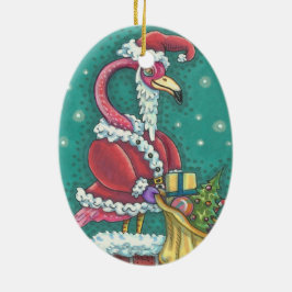 HOT PINK FLAMINGO SANTA, CHRISTMAS ORNAval Keramik Ornament
