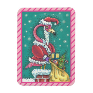 HOT PINK FLAMINGO SANTA CLAUS, CHRISTMAS MAGNET