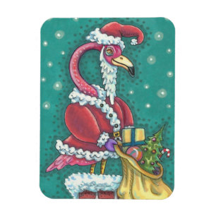 HOT PINK FLAMINGO SANTA CLAUS, CHRISTMAS MAGNET