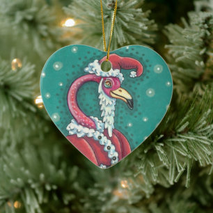 HOT PINK FLAMINGO SANTA, FUNNY CHRISTMAS BIRD 2019 KERAMIK ORNAMENT
