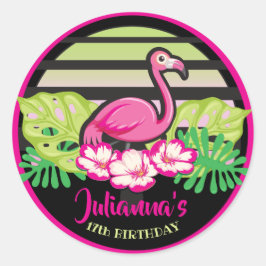 HOT PINK FLAMINGO Tropische Blätter Rund ums Label Runder Aufkleber