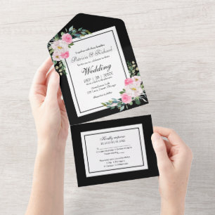 Hot Pink Floral Auf Schwarz Elegante Hochzeit All In One Einladung
