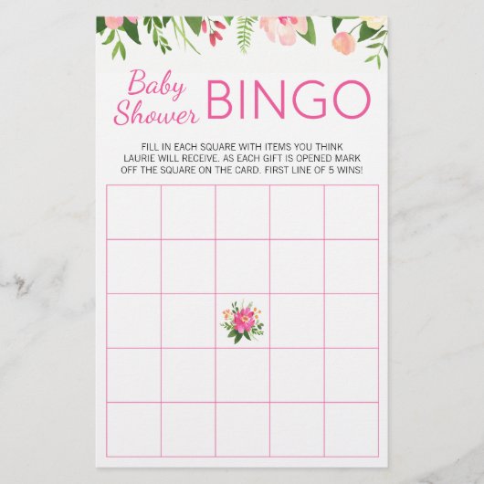 Hot Pink Floral Baby Dusche Bingo Spiel Flyer (Vorne)