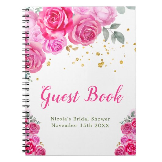 Hot Pink Floral Bridal Shower Guest Book Notizblock (Vorderseite)