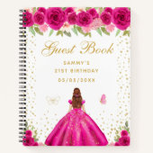 Hot Pink Floral Brown Hair Princess Gästebuch Notizblock (Vorderseite)