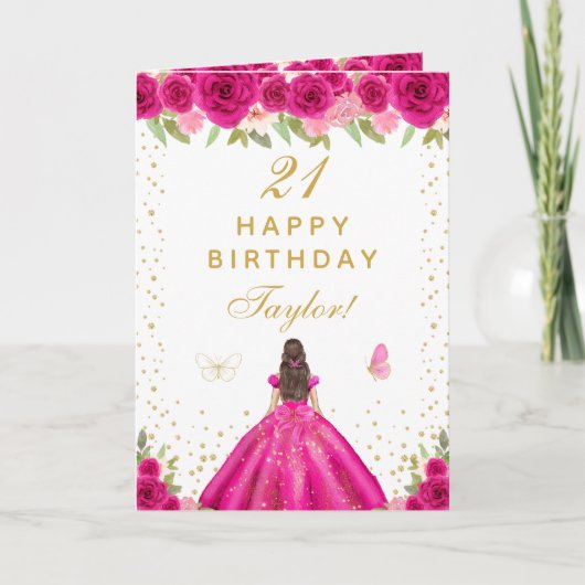 Hot Pink Floral Brünett Hair Girl Happy Birthday Karte (Vorderseite)