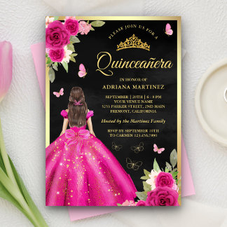 Hot Pink Floral Butterfly Black Gold Quinceanera Einladung