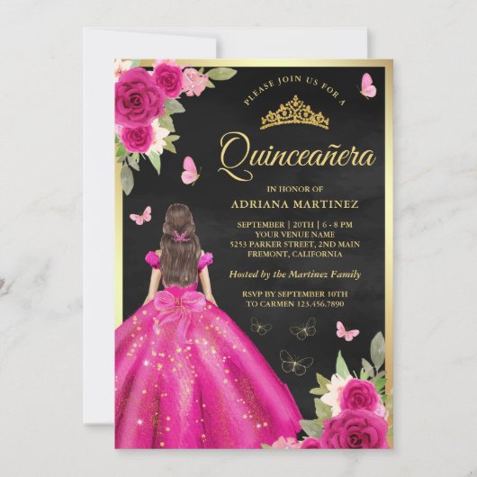 Hot Pink Floral Butterfly Black Gold Quinceanera Einladung (Vorderseite)