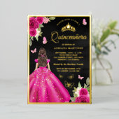 Hot Pink Floral Butterfly Black Quinceanera Gold Folieneinladung (Stehend vorne)